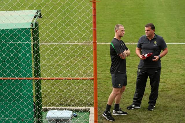 Ange Postecoglou was Socceroos coach  along with former Rangers defender Craig Moore who was Australia's football advisor during the 2014 World Cup.  (Photo by Cameron Spencer/Getty Images)