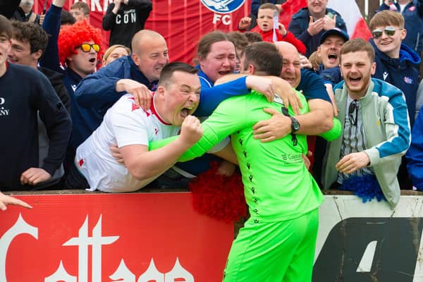 Spartans goalkeeper Blair Carswelll celebrates with fans after the team's play-off victory against Albion Rovers (Picture: Sammy Turner/SNS Group)