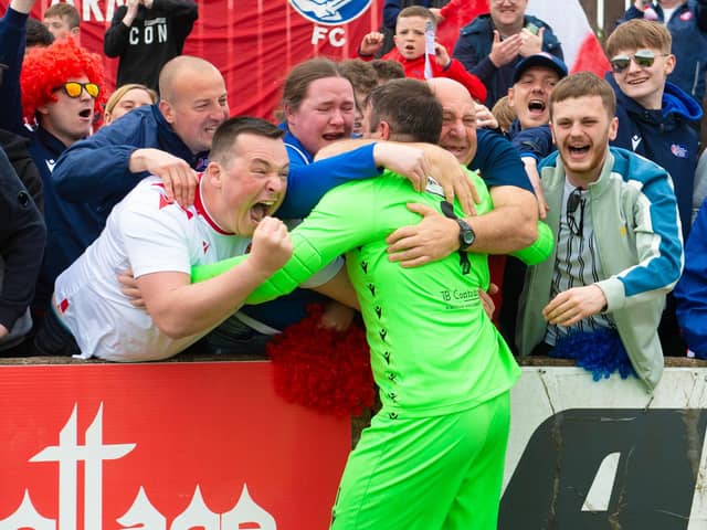 Spartans goalkeeper Blair Carswelll celebrates with fans after the team's play-off victory against Albion Rovers (Picture: Sammy Turner/SNS Group)