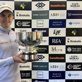 Sam Locke shows off the trophy after winning the Montrose Links Masters presented by Gym Rental Company in a play-off. Picture: Tartan Pro Tour