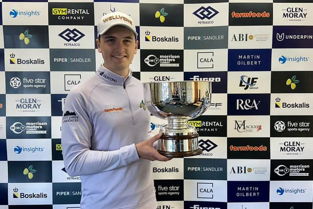 Sam Locke shows off the trophy after winning the Montrose Links Masters presented by Gym Rental Company in a play-off. Picture: Tartan Pro Tour