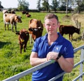 Bryce Cunningham, farmer and owner of Mossgiel Organic Farm near Mauchline is pictured in a field with some of his herd of Ayrshire cows.