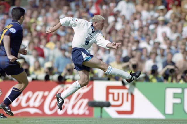 Paul Gascoigne's goal against Scotland at the 1996 European Championships was repeatedly featured in BBC coverage ahead of the rematch last week (Picture: Stu Forster/Allsport/Getty Images/Hulton Archive)