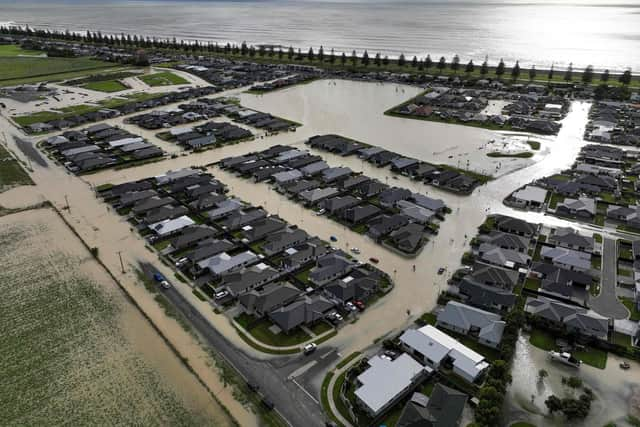 An aerial photo taken on February 15, 2023 shows flooding in the city of Napier, situated on the North Island's east coast. - Authorities on February 15 confirmed deaths after Cyclone Gabrielle cut a trail of destruction across northern New Zealand, Photo by STRINGER/AFP via Getty Images.