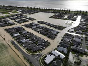 An aerial photo taken on February 15, 2023 shows flooding in the city of Napier, situated on the North Island's east coast. - Authorities on February 15 confirmed deaths after Cyclone Gabrielle cut a trail of destruction across northern New Zealand, Photo by STRINGER/AFP via Getty Images.
