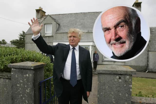 Donald Trump at the home of where his mother grew up on the Isle of Lewis and a photo of the late Bond actor Sean Connery picture: supplied