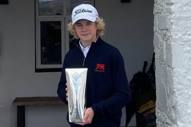 Connor Graham shows off the trophy after his weekend win in The Race to Machrie. Picture: Race to Machrie