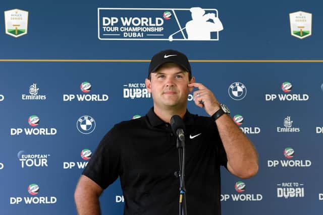 Patrick Reed talking to the media via a video link ahead of the DP World Tour Championship at Jumeirah Golf Estates. Picture: Ross Kinnaird/Getty Images