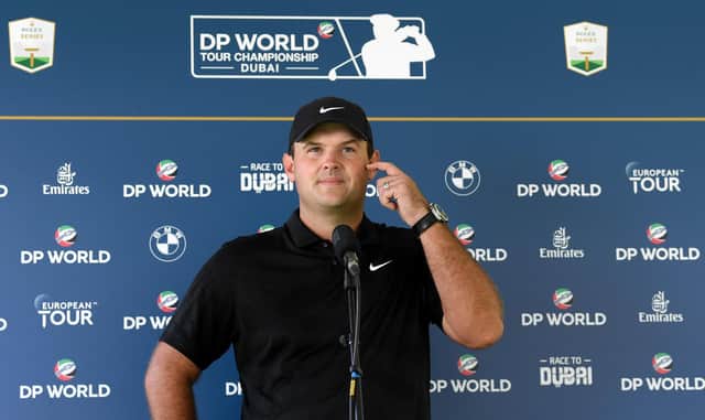 Patrick Reed talking to the media via a video link ahead of the DP World Tour Championship at Jumeirah Golf Estates. Picture: Ross Kinnaird/Getty Images