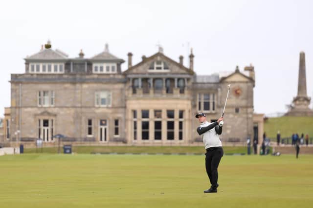 David Law plays his second shot on the first hole during day two of the Alfred Dunhill Links Championship at the Old Course at St Andrews, October 2024.