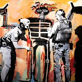 'Basquiat being stop and searched' (London 2017) on display at the new show by street Banksy 'Cut & Run' opens this Sunday at Glasgow's GoMA