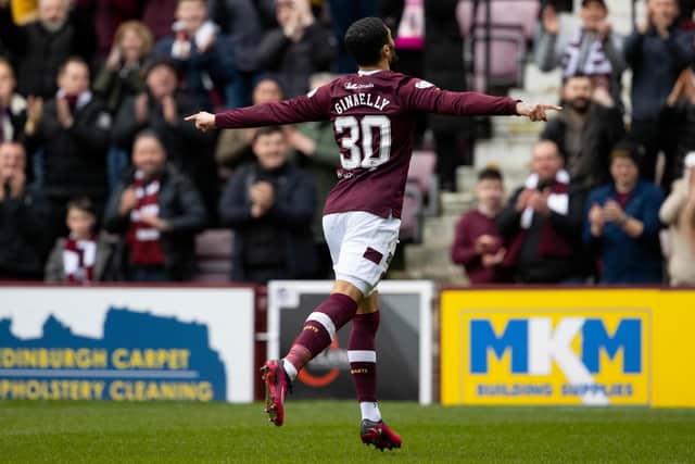 Josh Ginnelly celebrates opening the scoring for Hearts against St Johnstone.  (Photo by Alan Harvey / SNS Group)