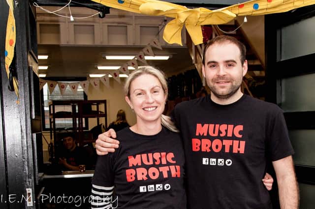 Music Broth founders Jen O'Brien and Felix Slavin are outside the premises, Govanhill Glasgow.