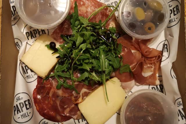 Our click and collect meal order from the Papermill, Lasswade. Starter of prosciutto, chorizo, salami, smoked applewood cheddar, diddy pots of olives, sun blushed tomatoes and balsamic onions.
