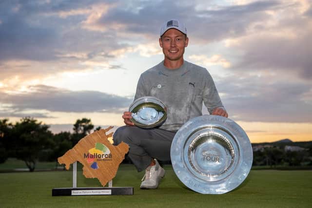 Marcus Helligkilde celebrates after winning the Challenge Tour Grand Final at T-Golf & Country Club in Mallorca in November to also be crowed as the Road to Mallorca champion. Picture: Octavio Passos/Getty Images.