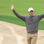 Rory McIlroy celebrates after holing out for an eagle 2 on the eighth hole at Emirates Golf Club in the delayed opening round the Hero Dubai Desert Classic. Picture: Warren Little/Getty Images.