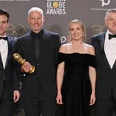 Colin Farrell, Martin McDonagh, Kerry Condon, and Brendan Gleeson, winners of Best Picture - Musical/Comedy for "The Banshees of Inisherin", pose in the press room during the 80th Annual Golden Globe Awards at The Beverly Hilton on January 10, 2023 in Beverly Hills, California. (Photo by Amy Sussman/Getty Images)
