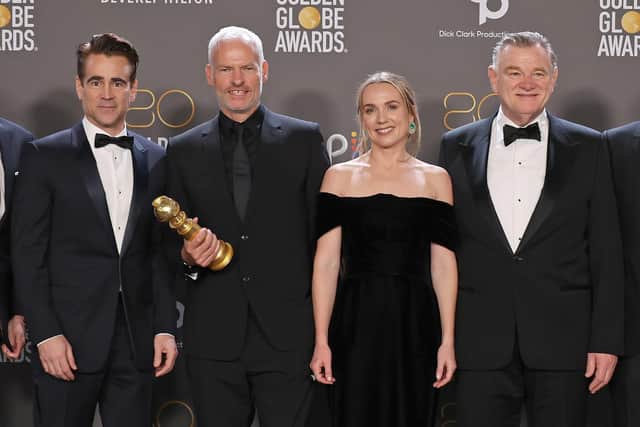 Colin Farrell, Martin McDonagh, Kerry Condon, and Brendan Gleeson, winners of Best Picture - Musical/Comedy for "The Banshees of Inisherin", pose in the press room during the 80th Annual Golden Globe Awards at The Beverly Hilton on January 10, 2023 in Beverly Hills, California. (Photo by Amy Sussman/Getty Images)