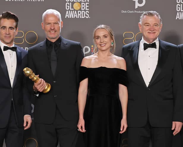 Colin Farrell, Martin McDonagh, Kerry Condon, and Brendan Gleeson, winners of Best Picture - Musical/Comedy for "The Banshees of Inisherin", pose in the press room during the 80th Annual Golden Globe Awards at The Beverly Hilton on January 10, 2023 in Beverly Hills, California. (Photo by Amy Sussman/Getty Images)