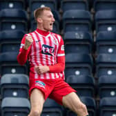 Raith's Liam Dick  celebrates making it 1-0 during a cinch Championship match between Kilmarnock and Raith Rovers at Rugby Park, on October 02, 2021, in Kilmarnock, Scotland. (Photo by Craig Brown / SNS Group)