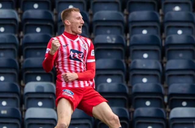 Raith's Liam Dick  celebrates making it 1-0 during a cinch Championship match between Kilmarnock and Raith Rovers at Rugby Park, on October 02, 2021, in Kilmarnock, Scotland. (Photo by Craig Brown / SNS Group)