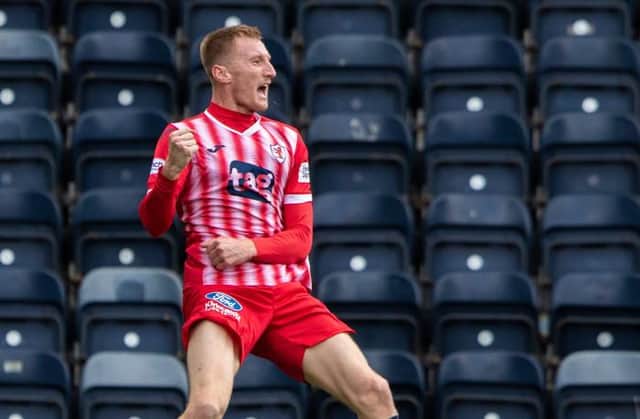 Raith's Liam Dick celebrates making it 1-0 during a cinch Championship match between Kilmarnock and Raith Rovers at Rugby Park, on October 02, 2021, in Kilmarnock, Scotland. (Photo by Craig Brown / SNS Group)