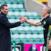 Hibs manager Jack Ross, and Celtic captain Scott Brown after the sides settled on a 0-0 at Easter Road in their final league game of the season. Photo by Ross Parker / SNS Group