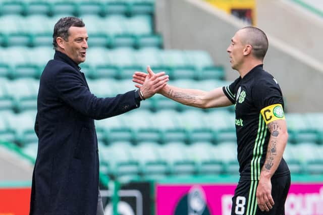 Hibs manager Jack Ross, and Celtic captain Scott Brown after the sides settled on a 0-0 at Easter Road in their final league game of the season. Photo by Ross Parker / SNS Group