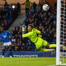 Rangers' Abdallah Sima scores to make it 1-0 during a Viaplay Cup quarter-final match against Livingston.