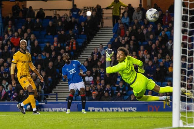 Rangers' Abdallah Sima scores to make it 1-0 during a Viaplay Cup quarter-final match against Livingston.