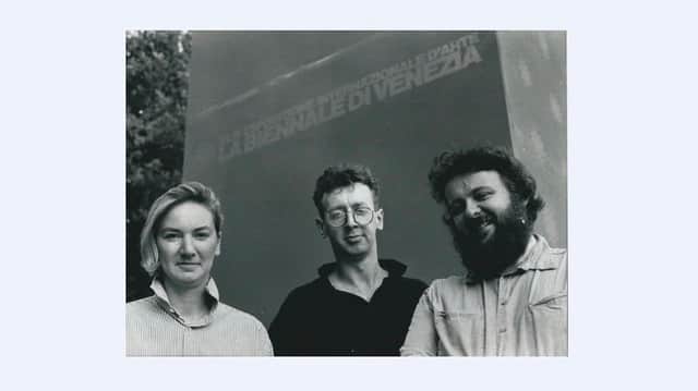Kate Whiteford, David Mach and Arthur Watson in Venice in 1990
