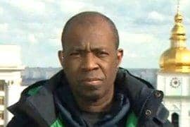 Clive Myrie during a televised BBC report from Ukraine. Picture: BBC