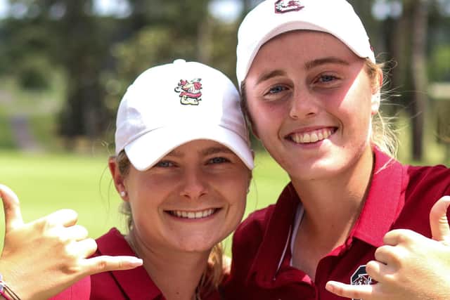 Hannah Darling, right, celebrates with one of her team-mates after South Carolina progressed to this week's NCAA Women's Division 1 Championship in Scottsdale, Arizona. Picture: Gamecocks Golf.