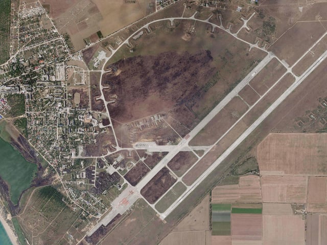 Clear damage can be seen as well as scorch marks from the explosion. Ukraine has not claimed responsibility - and its defence minister suggested that careless Russian soldiers could be to blame.