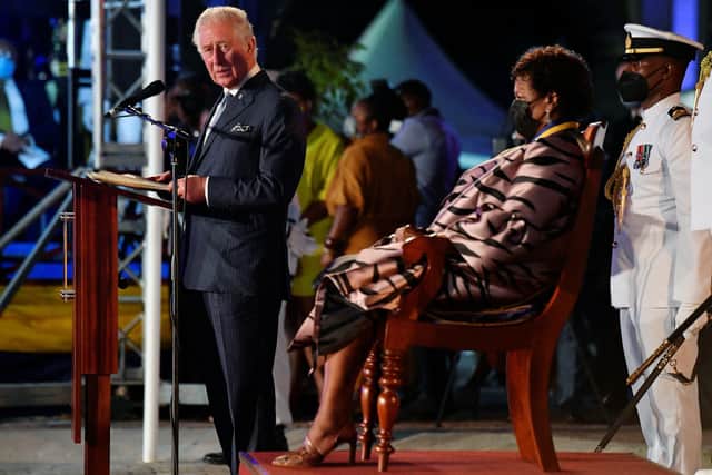 Prince Charles, Prince of Wales speaks as President of Barbados, Dame Sandra Mason looks on during the Presidential Inauguration Ceremony at Heroes Square (Photo: Toby Melville - Pool/Getty Images).