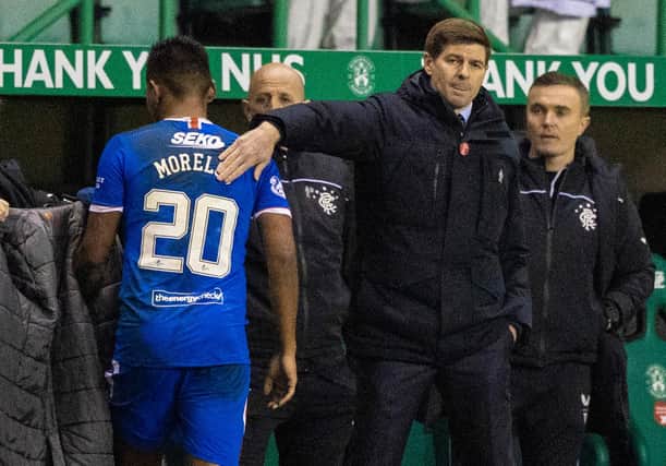 Rangers manager Steven Gerrard (right) admitted he could not defend striker Alfredo Morelos over the stamp that earned a three-match ban (Photo by Craig Williamson / SNS Group)