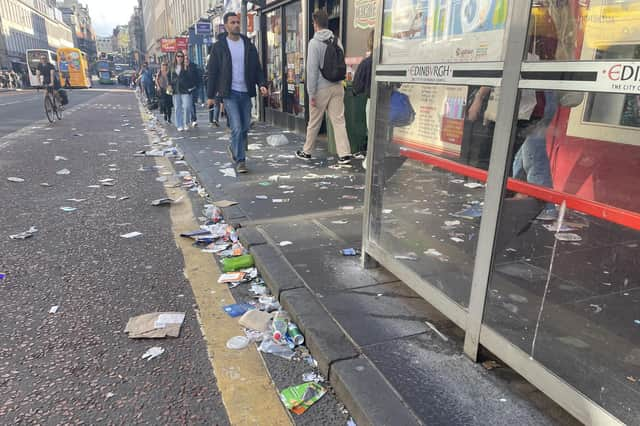 Rubbish lies strewn along Edinburgh's South Bridge (Picture: Ilona Amos)