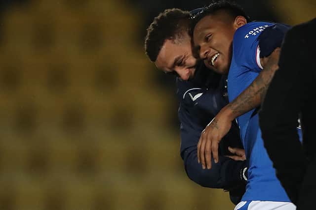 Rangers captain James Tavernier, still sidelined by a knee injury, was among the first to congratulate goalscorer Alfredo Morelos at the end of the 1-0 win at Livingston on Wednesday. (Photo by Ian MacNicol/Getty Images)