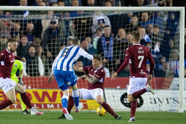 Blair Alston scores the winner to make it 2-1 in the 90th minute and ensure Kilmarnock's championship title. (Photo by Craig Foy / SNS Group)