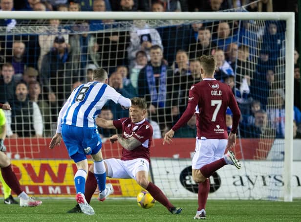Blair Alston scores the winner to make it 2-1 in the 90th minute and ensure Kilmarnock's championship title.  (Photo by Craig Foy / SNS Group)