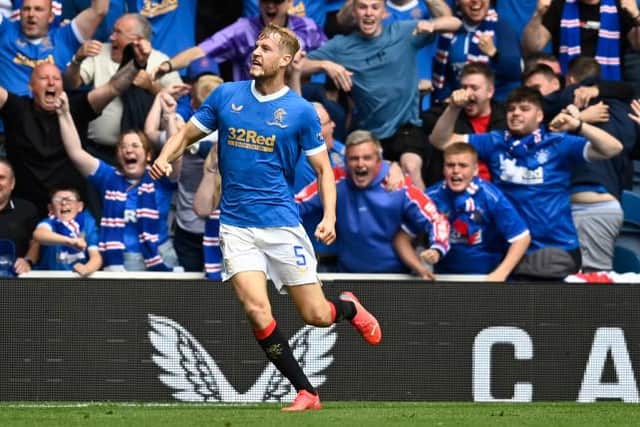Filip Helander celebrates after scoring the only goal of the game for Rangers against Celtic at Ibrox on Sunday. (Photo by Rob Casey / SNS Group)