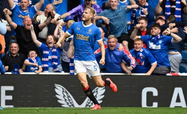 Filip Helander celebrates after scoring the only goal of the game for Rangers against Celtic at Ibrox on Sunday. (Photo by Rob Casey / SNS Group)