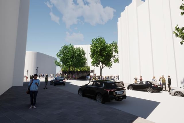 Artist's impression of plans to build a 'box' of cafes, shops and toilets on Fargate in Sheffield city centre near the Town Hall. Sheffield Council and Steel Yard are collaborating on the plans and aim to have it open later this year in 2022. Credit: ADD Architects.