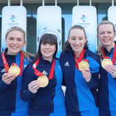 Curlers Milli Smith, Hailey Duff, Jennifer Dodds, Vicky Wright and Eve Muirhead of Team Great Britain. (Photo by Lintao Zhang/Getty Images)