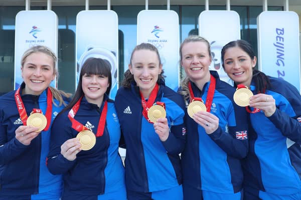 Curlers Milli Smith, Hailey Duff, Jennifer Dodds, Vicky Wright and Eve Muirhead of Team Great Britain. (Photo by Lintao Zhang/Getty Images)