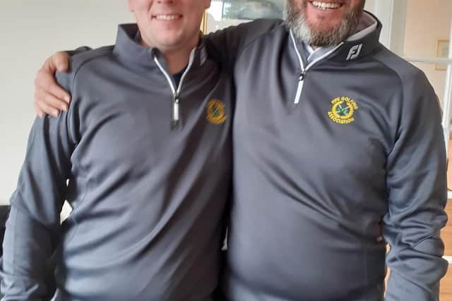 Chris Kelly, right, made his Fife debut at Drumoig against Midlothian and had Shaun Slinger as one of his team-mates. Picture: Fife Golfing Association.