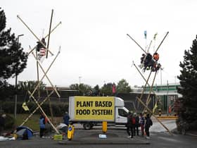 Animal rights protesters from Animal Rebellion blockade a McDonald's distribution centre in Coventry (Picture: Darren Staples/Getty Images)