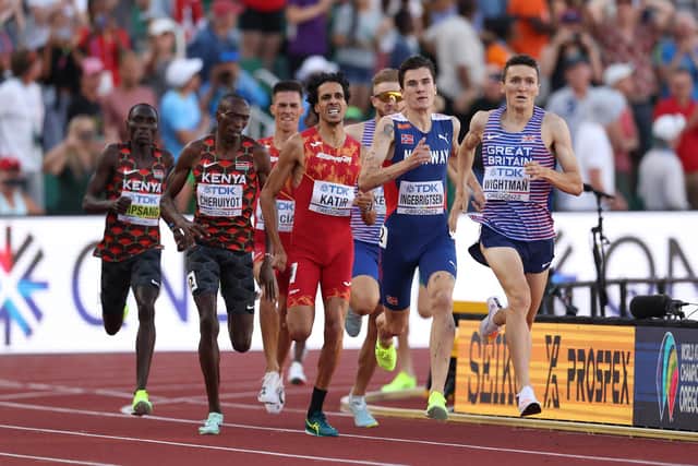 Jake Wightman, right, moves clear of Norway's Olympic champion Jakob Ingebrigtsen en route to victory in the 1500m final at Hayward Field. (Photo by Christian Petersen/Getty Images)