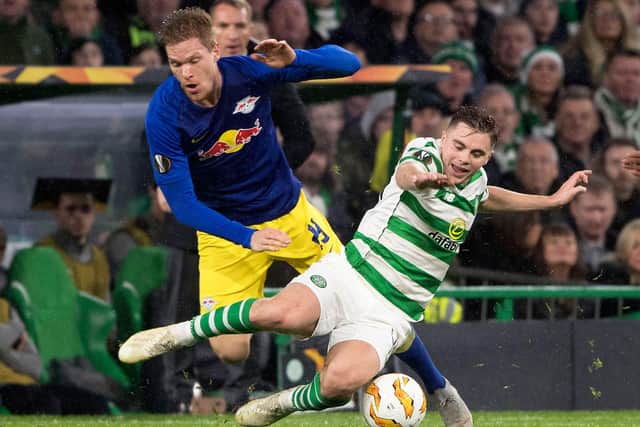 James Forrest battles with Marcel Sabitzer in Celtic's defeat of RP Leipzig in November 2018. The occasion ensures that the Salzburg'sJesse Marsch, now being championed to be the next Celtic manager has sampled the best of the Parkhead club on and off the pitch, with Marsch then the assistant at the German club. (Photo by Craig Foy/SNS Group).