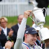 Matt Fitzpatrick celebrates with trophy after winning the 122nd US Open at Brookline. Picture: Andrew Redington/Getty Images.